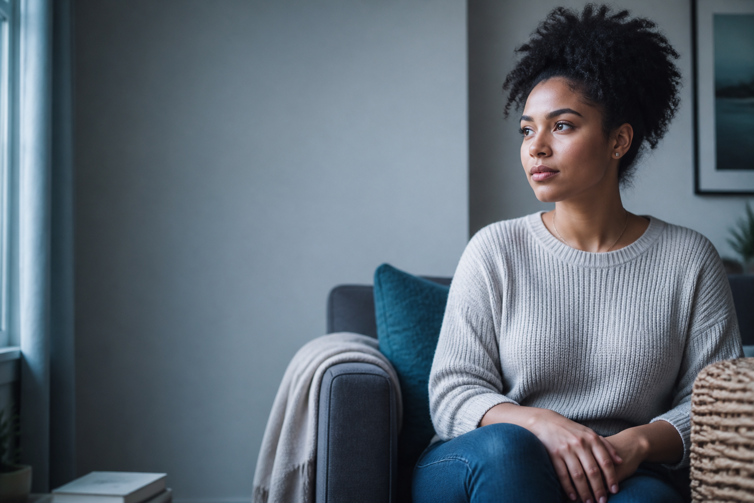 Pensive woman sitting quietly in daylight, calm — not distraught