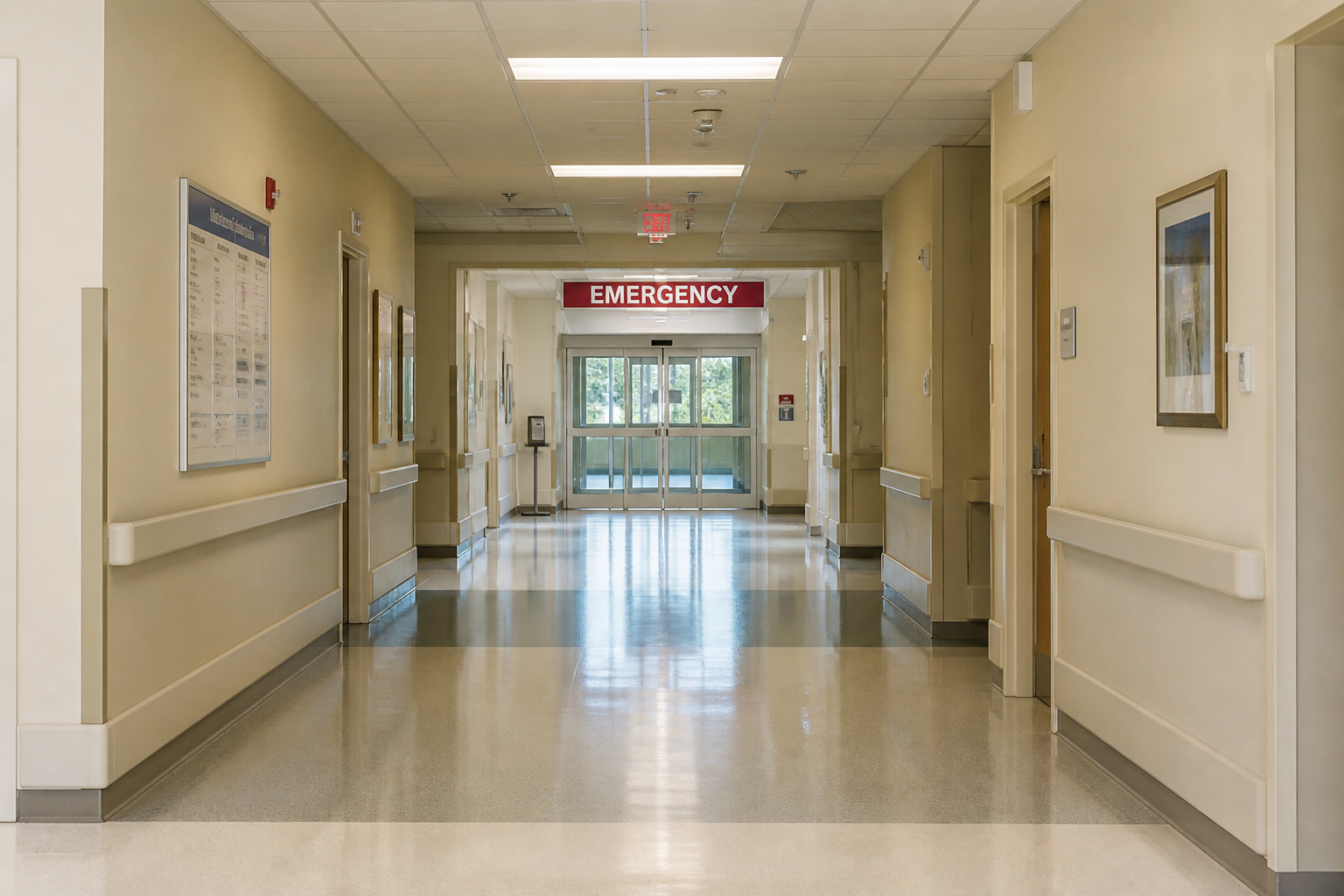 Daylight hospital corridor toward an emergency entrance, empty of people