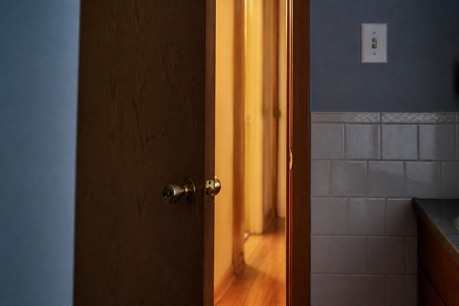 Residential bathroom door ajar with hallway light, no people