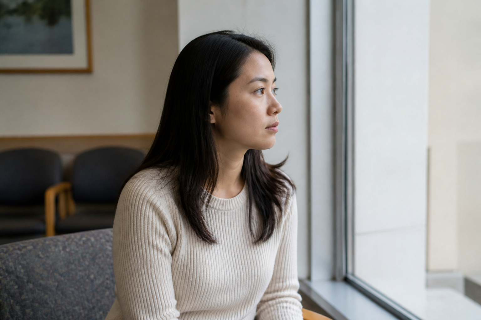 Pensive woman looking toward a clinic window, calm, not sad