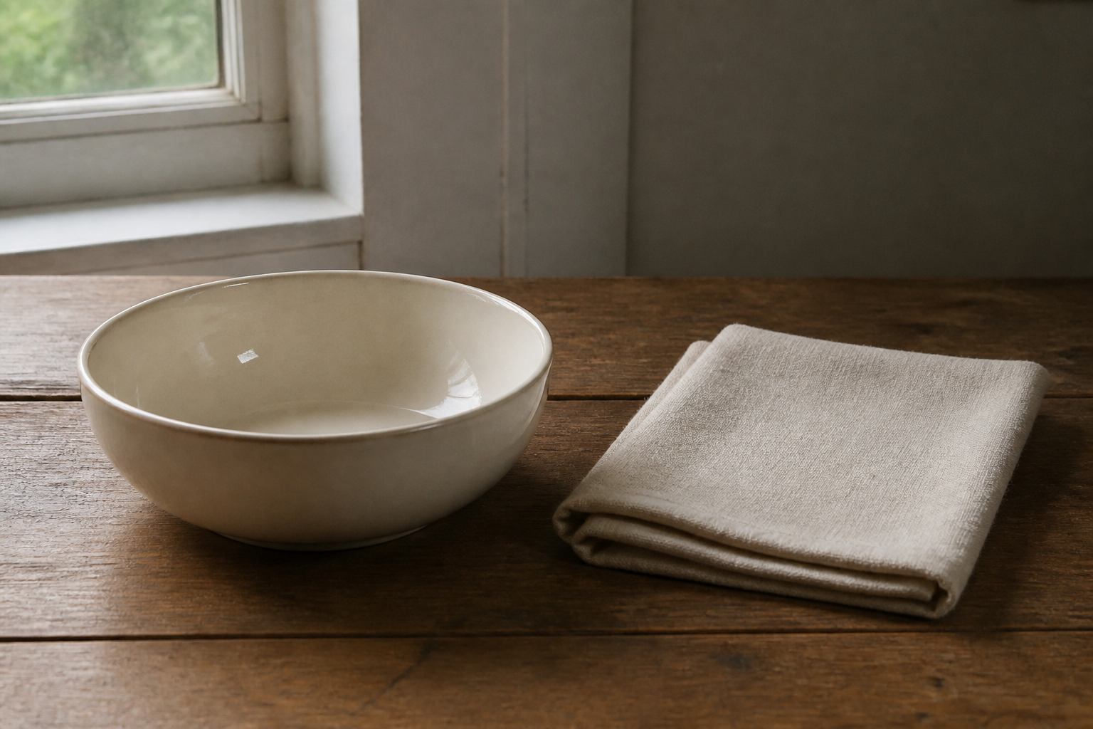 Empty ceramic bowl and cloth on a table, still life, no people
